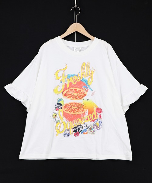 ScoLar（スカラー）の「162708：オレンジ大好きうさぎ柄 フリル付きTシャツ（Tシャツ/カットソー・レディース・オフホワイト/ブラウン・M）」の2枚目の写真