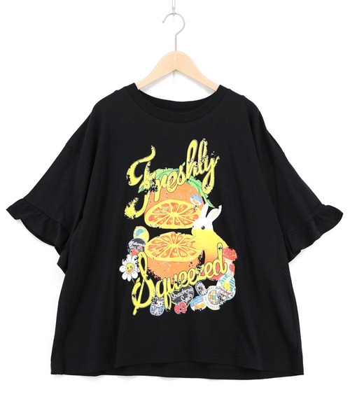 ScoLar（スカラー）の「162708：オレンジ大好きうさぎ柄 フリル付きTシャツ（Tシャツ/カットソー・レディース・オフホワイト/ブラウン・M）」の6枚目の写真