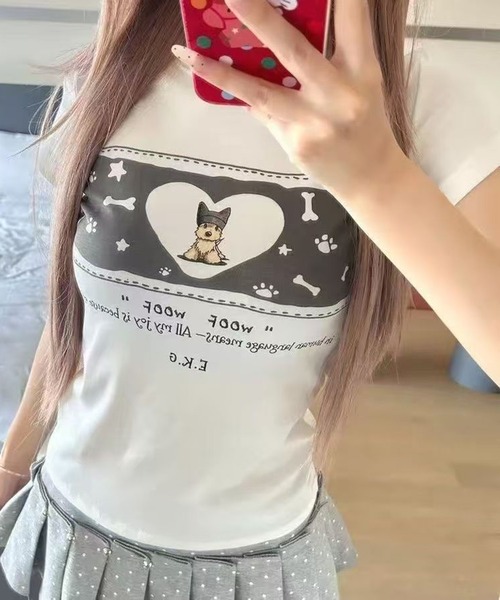 AsheKsha（アシクシャ）の「ハート柄のワンちゃんプリント スリムフィット半袖Tシャツ（Tシャツ/カットソー・レディース・ホワイト・M）」の14枚目の写真