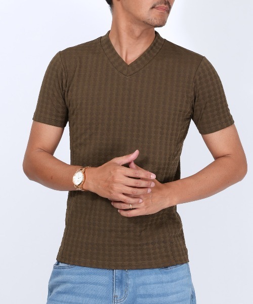 LUXSTYLE(ラグスタイル)の「フクレチェック半袖VネックTシャツ(Tシャツ/カットソー・メンズ・ホワイト/チャコール/ブラウン/ネイビー/ブラック・S/M/XL/L)」の4枚目の写真