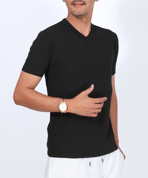 LUXSTYLE(ラグスタイル)の「フクレチェック半袖VネックTシャツ(Tシャツ/カットソー・メンズ・ホワイト/チャコール/ブラウン/ネイビー/ブラック・S/M/XL/L)」の2枚目の写真