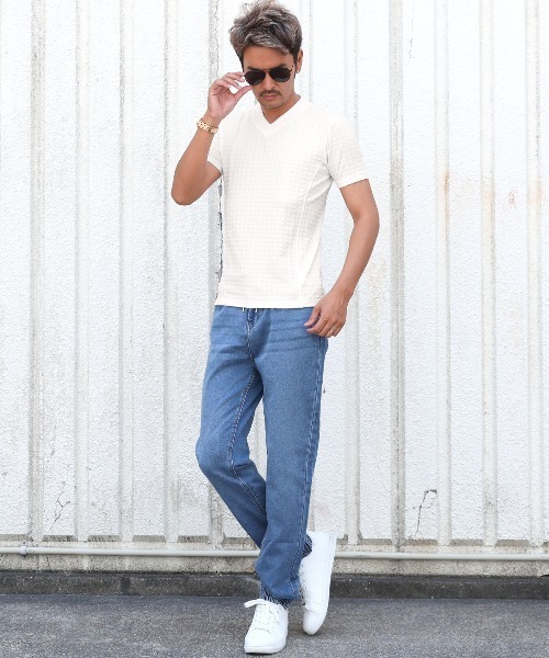 LUXSTYLE(ラグスタイル)の「フクレチェック半袖VネックTシャツ(Tシャツ/カットソー・メンズ・ホワイト/チャコール/ブラウン/ネイビー/ブラック・S/M/XL/L)」の7枚目の写真