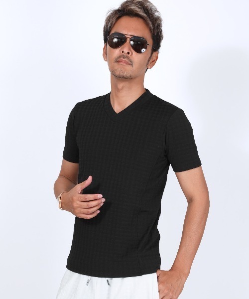 LUXSTYLE(ラグスタイル)の「フクレチェック半袖VネックTシャツ(Tシャツ/カットソー・メンズ・ホワイト/チャコール/ブラウン/ネイビー/ブラック・S/M/XL/L)」の8枚目の写真