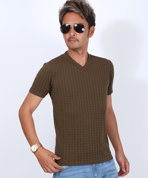 LUXSTYLE(ラグスタイル)の「フクレチェック半袖VネックTシャツ(Tシャツ/カットソー・メンズ・ホワイト/チャコール/ブラウン/ネイビー/ブラック・S/M/XL/L)」の10枚目の写真
