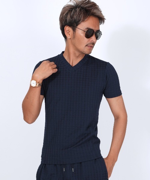 LUXSTYLE(ラグスタイル)の「フクレチェック半袖VネックTシャツ(Tシャツ/カットソー・メンズ・ホワイト/チャコール/ブラウン/ネイビー/ブラック・S/M/XL/L)」の12枚目の写真