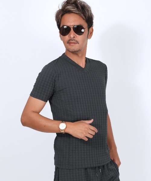 LUXSTYLE(ラグスタイル)の「フクレチェック半袖VネックTシャツ(Tシャツ/カットソー・メンズ・ホワイト/チャコール/ブラウン/ネイビー/ブラック・S/M/XL/L)」の14枚目の写真