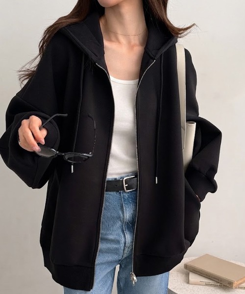 GeeRA(ジーラ)の「ロングシーズン使える!ダンボールビッグシルエット オーバーサイズ ダブルジップパーカー(パーカー・レディース・杢グレー/ブラウン/ブラック・X-LARGE/LARGE/MEDIUM/SMALL)」の12枚目の写真