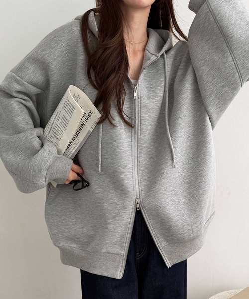 GeeRA(ジーラ)の「ロングシーズン使える!ダンボールビッグシルエット オーバーサイズ ダブルジップパーカー(パーカー・レディース・杢グレー/ブラウン/ブラック・X-LARGE/LARGE/MEDIUM/SMALL)」の18枚目の写真