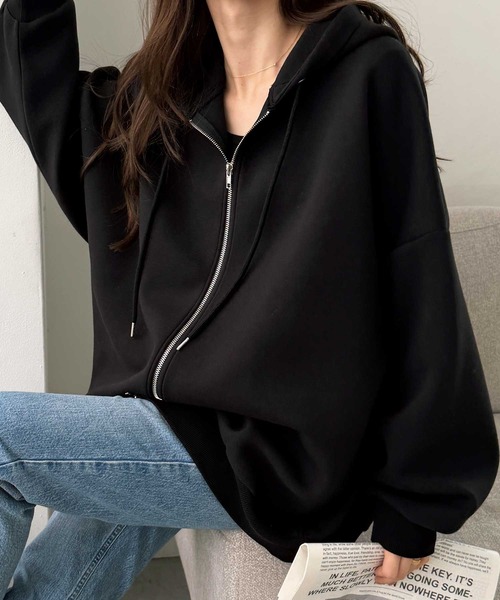 GeeRA(ジーラ)の「ロングシーズン使える!ダンボールビッグシルエット オーバーサイズ ダブルジップパーカー(パーカー・レディース・杢グレー/ブラウン/ブラック・X-LARGE/LARGE/MEDIUM/SMALL)」の11枚目の写真