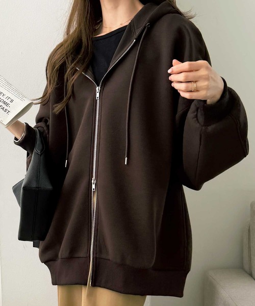 GeeRA(ジーラ)の「ロングシーズン使える!ダンボールビッグシルエット オーバーサイズ ダブルジップパーカー(パーカー・レディース・杢グレー/ブラウン/ブラック・X-LARGE/LARGE/MEDIUM/SMALL)」の4枚目の写真