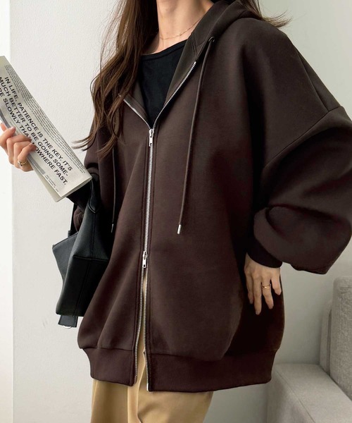 GeeRA(ジーラ)の「ロングシーズン使える!ダンボールビッグシルエット オーバーサイズ ダブルジップパーカー(パーカー・レディース・杢グレー/ブラウン/ブラック・X-LARGE/LARGE/MEDIUM/SMALL)」の5枚目の写真