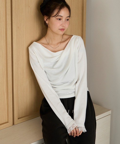 forksy.(フォルクシー)の「【forksy.】<エブリデイシリーズ>ドレープネック レースカフストップス / 無地・ドット(Tシャツ/カットソー・レディース・ピンク/オフホワイト/ホワイト系/チャコールグレー/ブラック・FREE)」の1枚目の写真