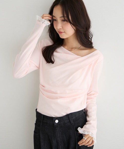 forksy.(フォルクシー)の「【forksy.】<エブリデイシリーズ>ドレープネック レースカフストップス / 無地・ドット(Tシャツ/カットソー・レディース・ピンク/オフホワイト/ホワイト系/チャコールグレー/ブラック・FREE)」の5枚目の写真