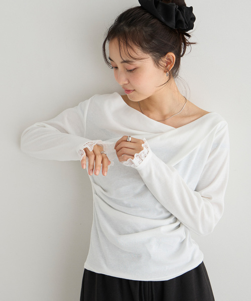 forksy.(フォルクシー)の「【forksy.】<エブリデイシリーズ>ドレープネック レースカフストップス / 無地・ドット(Tシャツ/カットソー・レディース・ピンク/オフホワイト/ホワイト系/チャコールグレー/ブラック・FREE)」の13枚目の写真