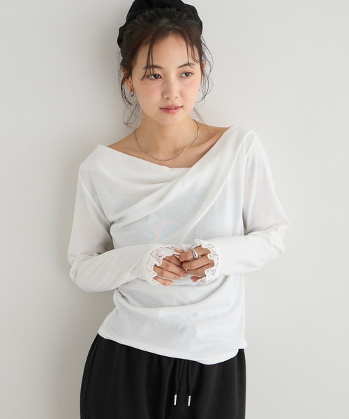forksy.(フォルクシー)の「【forksy.】<エブリデイシリーズ>ドレープネック レースカフストップス / 無地・ドット(Tシャツ/カットソー・レディース・ピンク/オフホワイト/ホワイト系/チャコールグレー/ブラック・FREE)」の14枚目の写真