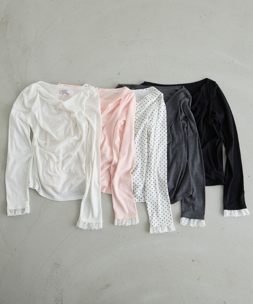 forksy.(フォルクシー)の「【forksy.】<エブリデイシリーズ>ドレープネック レースカフストップス / 無地・ドット(Tシャツ/カットソー・レディース・ピンク/オフホワイト/ホワイト系/チャコールグレー/ブラック・FREE)」の8枚目の写真