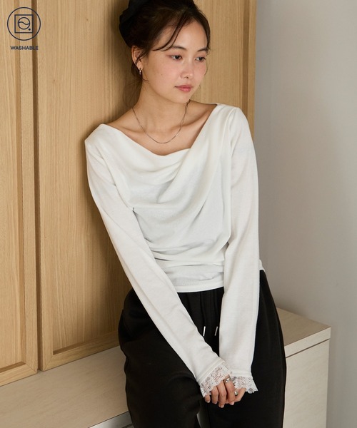 forksy.(フォルクシー)の「【forksy.】<エブリデイシリーズ>ドレープネック レースカフストップス / 無地・ドット(Tシャツ/カットソー・レディース・ピンク/オフホワイト/ホワイト系/チャコールグレー/ブラック・FREE)」の9枚目の写真