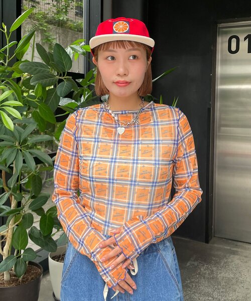 HELLO.SANFRANCISCO(ハローサンフランシスコ)の「【HELLO.SANFRANCISCO/ハローサンフランシスコ】チェックスタープリントロゴシアー(Tシャツ/カットソー・レディース・オレンジ/ピンク・ONE SIZE)」の12枚目の写真