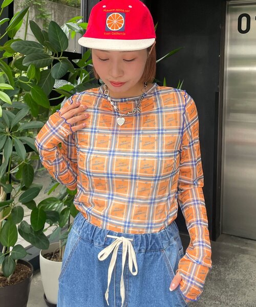 HELLO.SANFRANCISCO(ハローサンフランシスコ)の「【HELLO.SANFRANCISCO/ハローサンフランシスコ】チェックスタープリントロゴシアー(Tシャツ/カットソー・レディース・オレンジ/ピンク・ONE SIZE)」の13枚目の写真