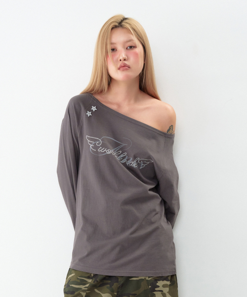 AMESWORLDWIDE(アメスワールドワイド)の「ANGEL ホットフィックス オフショルダー長袖Tシャツ チャコール(Tシャツ/カットソー・レディース・その他・FREE)」の8枚目の写真