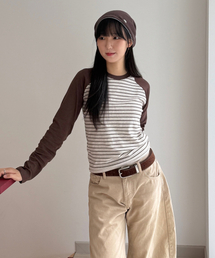 H STRIPE ラグラン長袖Tシャツ（ブラウン）