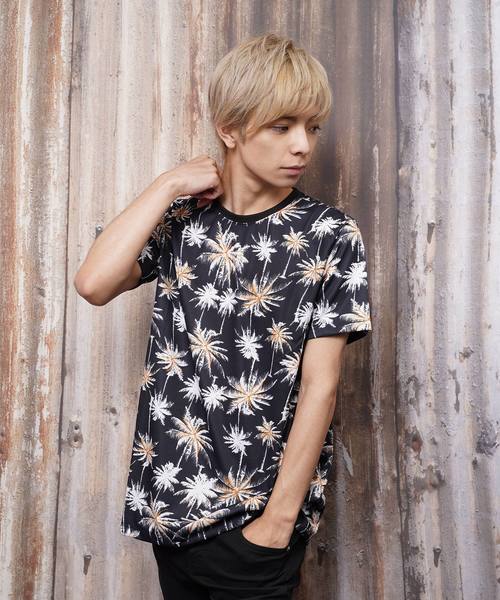 おしゃれスタ(オシャレスタ)の「パームツリープリントクルーネックTシャツ(KU)(Tシャツ/カットソー・メンズ・ホワイト/ブラック・M/L)」の2枚目の写真