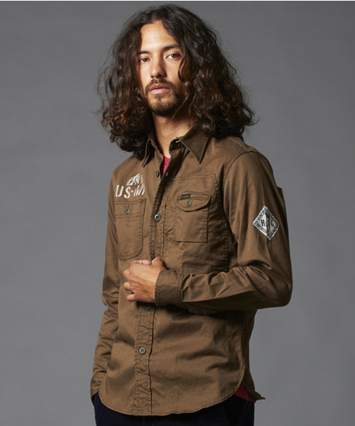 HYSTERIC GLAMOUR（ヒステリックグラマー）の「US STENCIL pt 長袖ミリタリーSH（シャツ/ブラウス・メンズ・グリーン系カモフラージュ/チャコールグレー/カーキ・LARGE/MEDIUM/SMALL）」の3枚目の写真