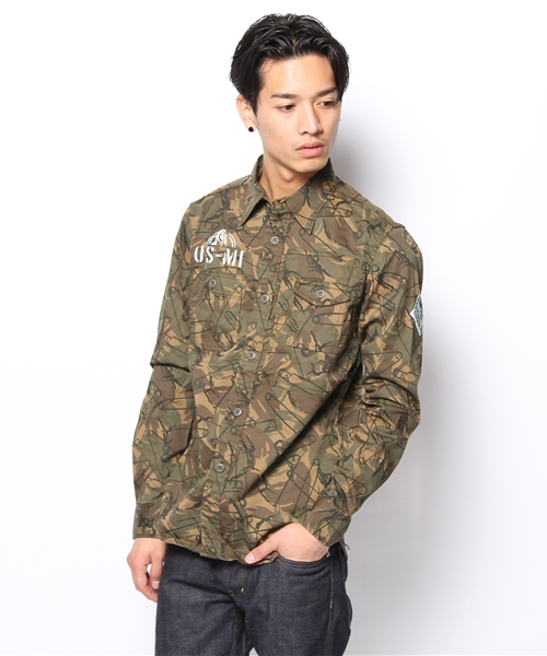 HYSTERIC GLAMOUR（ヒステリックグラマー）の「US STENCIL pt 長袖ミリタリーSH（シャツ/ブラウス・メンズ・グリーン系カモフラージュ/チャコールグレー/カーキ・LARGE/MEDIUM/SMALL）」の4枚目の写真