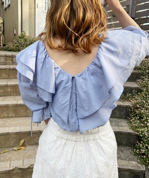 one after another NICE CLAUP(ワンアフターアナザーナイスクラップ)の「ラッフルフリル半袖ブラウス(シャツ/ブラウス・レディース・サックスブルー/アイボリー/ホワイト系その他/ベージュ系その他・FREE)」の7枚目の写真
