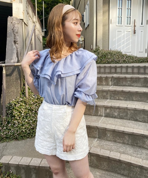 シューちゃん　ネイビー フリル 半袖ブラウス 楽天市場】キッズ ブラウス 夏 女の子 ギャザーブラウス 半袖