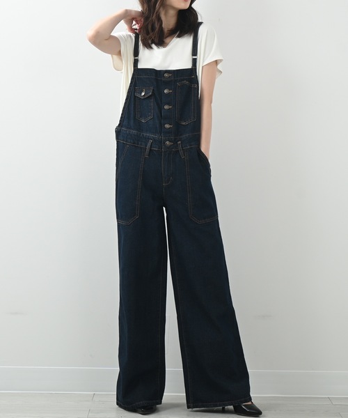 セール】デニムサロペットオーバーオールワイドパンツ（つなぎ