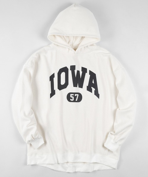 make a ray!（メイク ア レイ！）の「カレッジロゴ オーバーサイズ プリントプルパーカー/フーディー/裏起毛（パーカー・メンズ・ホワイト/ブラック/ベージュ/ネイビー/グレー/ブルー/グリーン/オートミール・M/L/XL）」の2枚目の写真