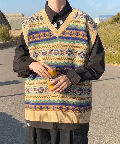 Mimma/Mimaa（ミマ）の「【Mimma/Mimaa】ジャガードニットベスト（ベスト・メンズ・ベージュ/ブルー・FREE）」の6枚目の写真