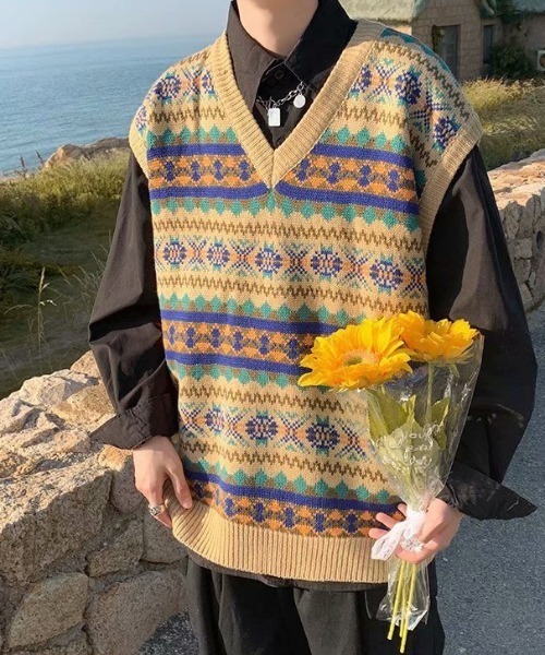 Mimma/Mimaa（ミマ）の「【Mimma/Mimaa】ジャガードニットベスト（ベスト・メンズ・ベージュ/ブルー・FREE）」の7枚目の写真