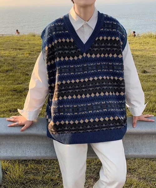 Mimma/Mimaa（ミマ）の「【Mimma/Mimaa】ジャガードニットベスト（ベスト・メンズ・ベージュ/ブルー・FREE）」の10枚目の写真