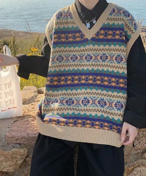 Mimma/Mimaa（ミマ）の「【Mimma/Mimaa】ジャガードニットベスト（ベスト・メンズ・ベージュ/ブルー・FREE）」の11枚目の写真