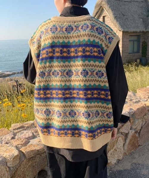 Mimma/Mimaa（ミマ）の「【Mimma/Mimaa】ジャガードニットベスト（ベスト・メンズ・ベージュ/ブルー・FREE）」の13枚目の写真