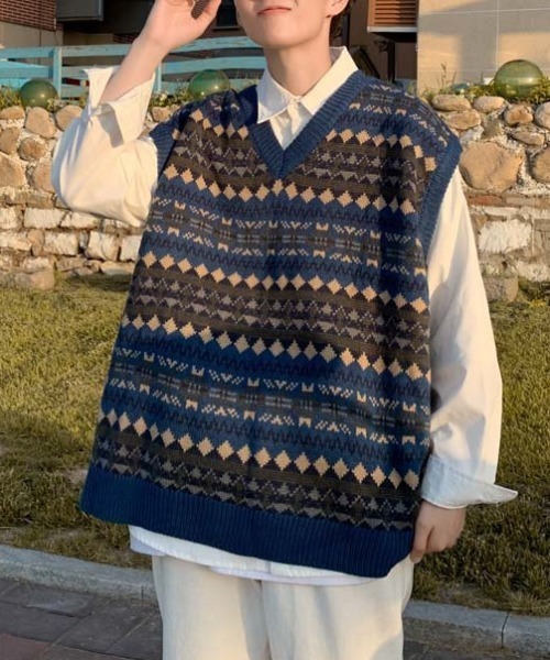 Mimma/Mimaa（ミマ）の「【Mimma/Mimaa】ジャガードニットベスト（ベスト・メンズ・ベージュ/ブルー・FREE）」の14枚目の写真