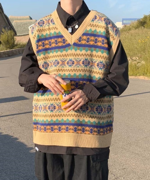 Mimma/Mimaa（ミマ）の「【Mimma/Mimaa】ジャガードニットベスト（ベスト・メンズ・ベージュ/ブルー・FREE）」の17枚目の写真