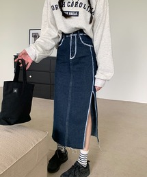 ペイントデニムサイドスリットタイトスカート
