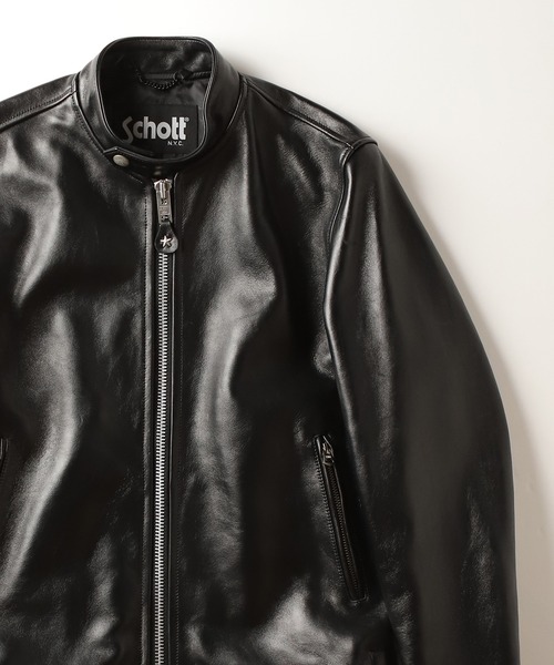 SCHOOT 黒 ストライプ シングルライダースジャケット Schott N.Y.C レザージャケット ライダース 「Women's」Schott