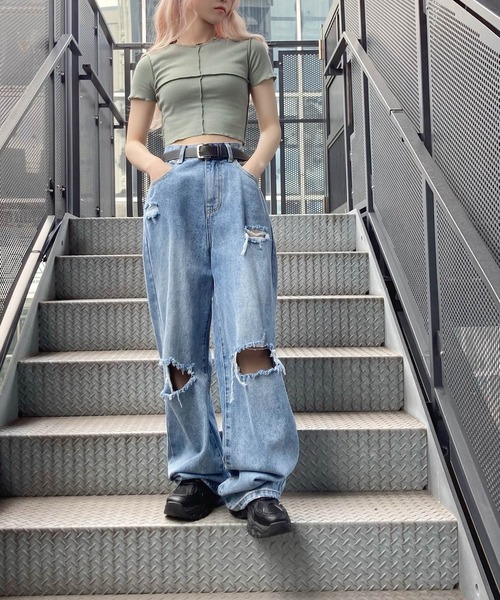 Figments(フィグメンツ)の「オーバーステッチチビTシャツ(Tシャツ/カットソー・レディース・カーキ/ホワイト/ブラック・FREE)」の6枚目の写真