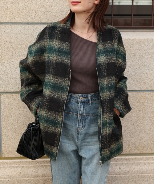 saqui 23AW 美品 ほぐし織 ノーカラー ショート コート ジャケット sakishimatokyo ノーカラーコート コート 「選べる柄」ノー