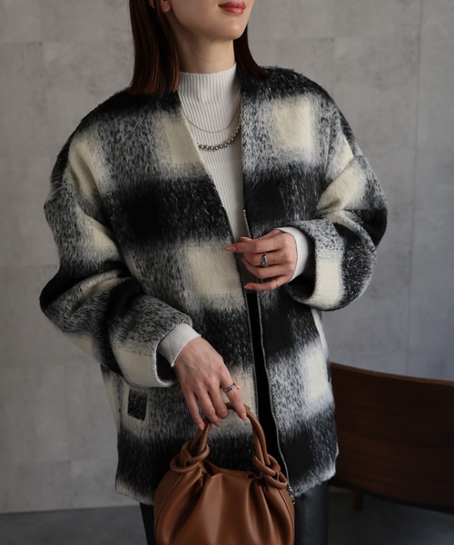 セール】【選べる柄】ノーカラーショートコート/ブルゾン