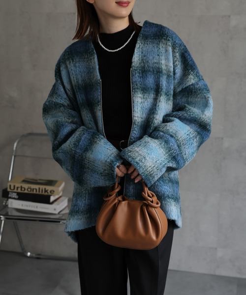 セール】【選べる柄】ノーカラーショートコート/ブルゾン