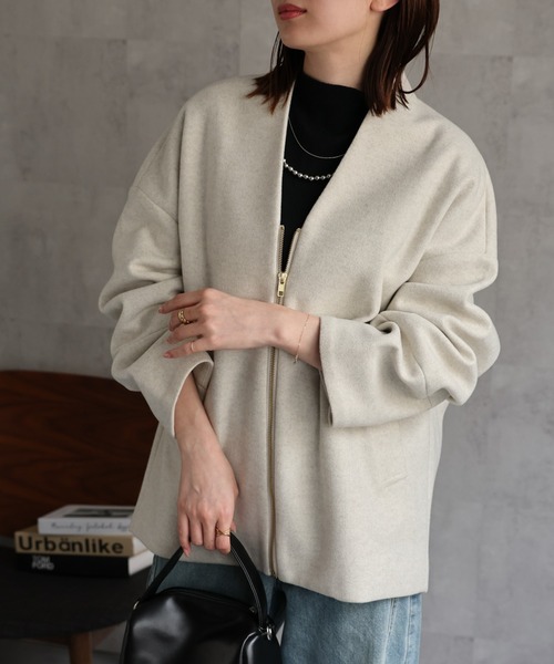 saqui 23AW 美品 ほぐし織 ノーカラー ショート コート ジャケット saqui 23AW 美品 ほぐし織 ノーカラー ショート コート