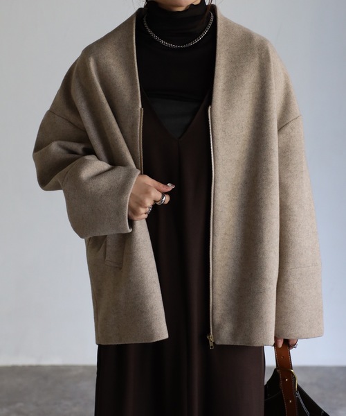 saqui 23AW 美品 ほぐし織 ノーカラー ショート コート ジャケット saqui 23AW 美品 ほぐし織 ノーカラー ショート コート