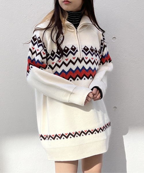 one way（ワンウェイ）の「ノルディック柄ハーフジップワンピース（ワンピース・レディース・ライトグリーン/ホワイト/ブラック・FREE）」の9枚目の写真