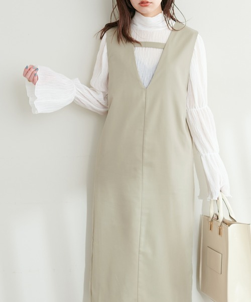 natural couture（ナチュラルクチュール）の「お上品ツイルジャンスカ（ジャンパースカート・レディース・パープル/カーキ/グレー/ブラック・FREE）」の4枚目の写真