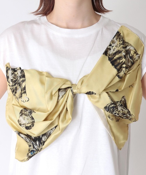 Three Four Time 猫柄リボンフレンチスリーブTシャツ Three Four Time 猫柄リボンフレンチスリーブTシャツ